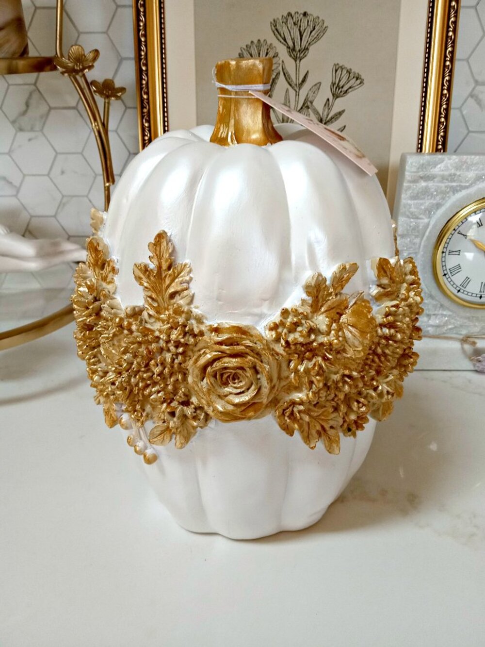 NEW! EXQUISITE Raised GOLD ROSES FLORAL 11" TALL PUMPKIN